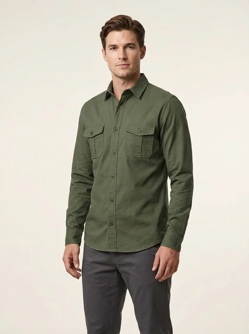 Men's Casual Long Sleeve Button-Up Shirt with Pockets