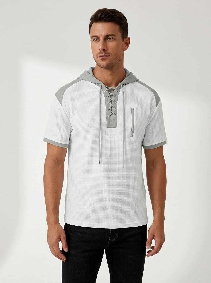 Men's Short Sleeve Hooded Waffle Knit Henley Shirt