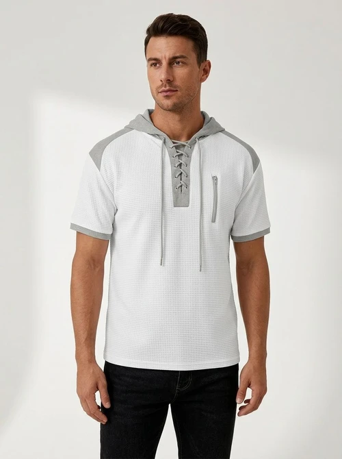 Men's Short Sleeve Hooded Waffle Knit Henley Shirt