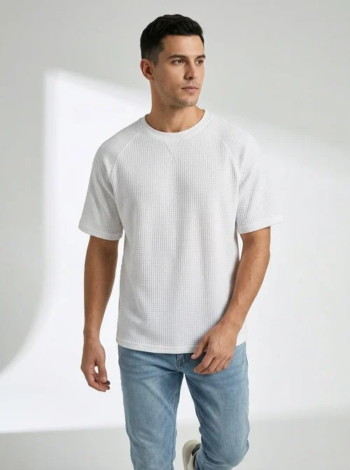T-shirt raglan à manches courtes en maille gaufrée pour homme