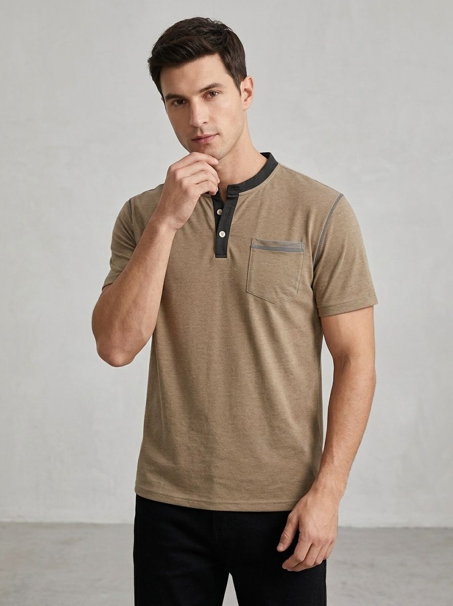 Men's Casual Henley Shirt - Short Sleeve Contrast Collar Tee