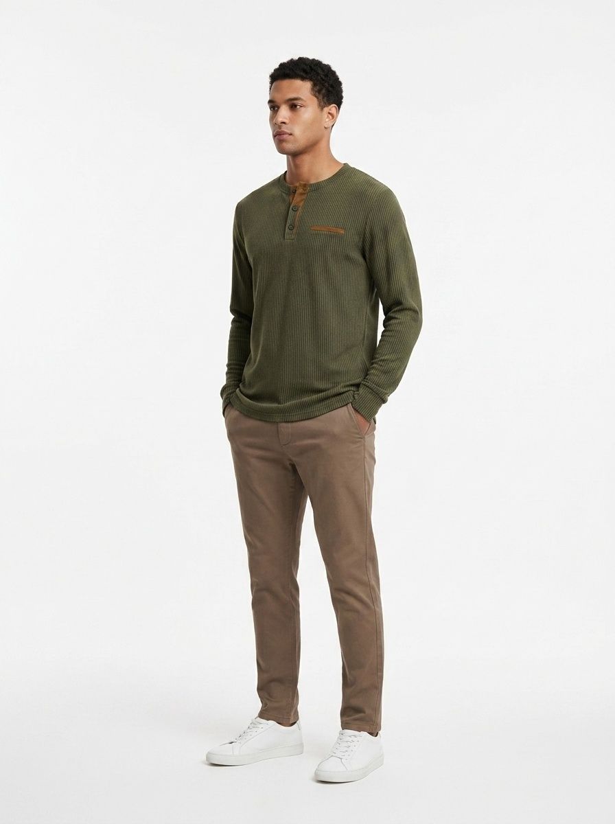 Men's Ribbed Henley Shirt Long Sleeve Casual Button Top