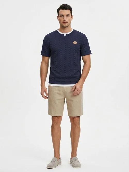 Men's Cable Knit V-Neck T-Shirt - Short Sleeve Casual Top