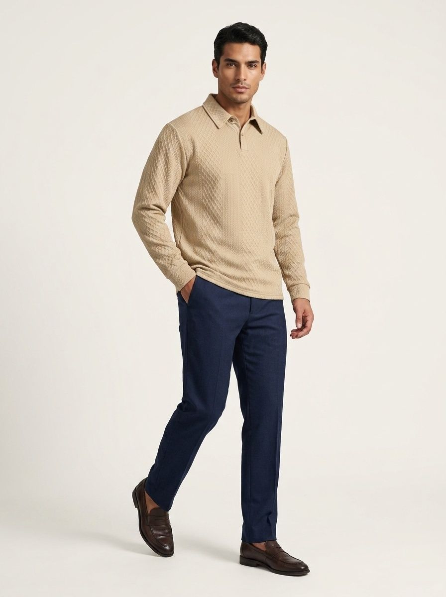 Men's Textured Long Sleeve Polo Shirt