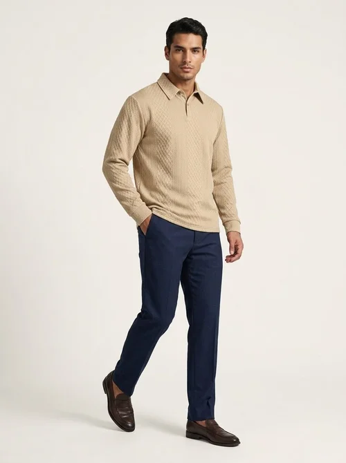 Men's Textured Long Sleeve Polo Shirt