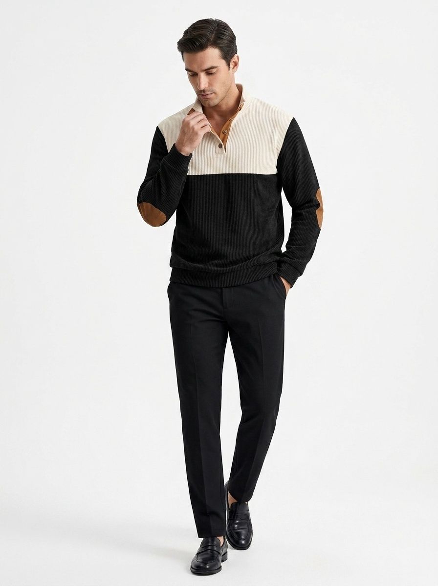 Men's Colorblock Ribbed Knit Pullover with Button Placket