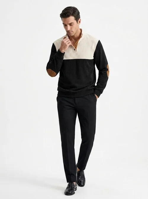 Men's Colorblock Ribbed Knit Pullover with Button Placket
