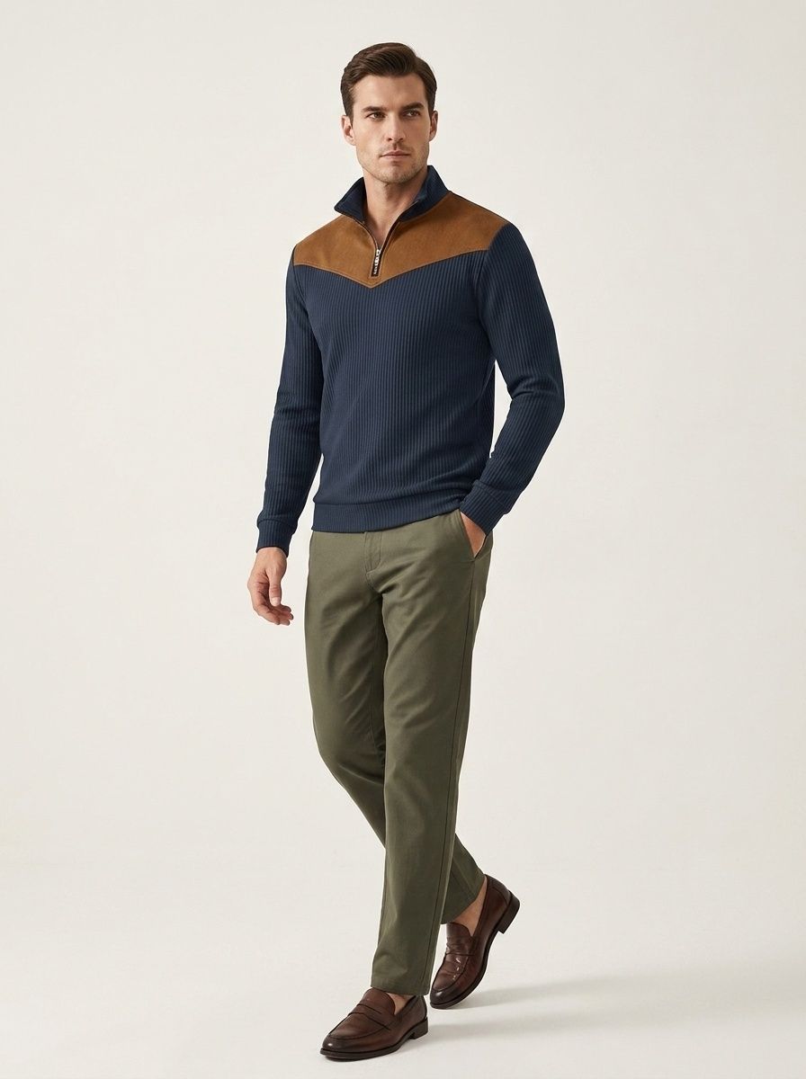 Men's Contrast Quarter-Zip Ribbed Pullover