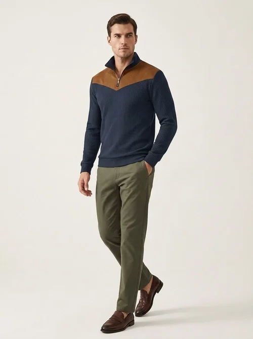 Men's Contrast Quarter-Zip Ribbed Pullover