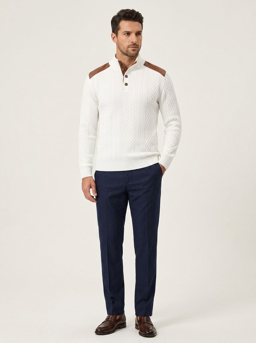Men's Contrast Patchwork Henley Sweater