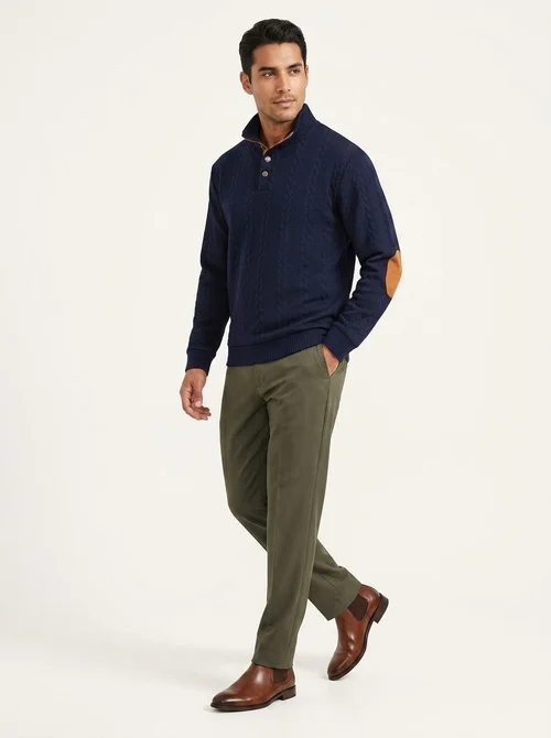 Men's Cable Knit Button Placket Mock Neck Sweater
