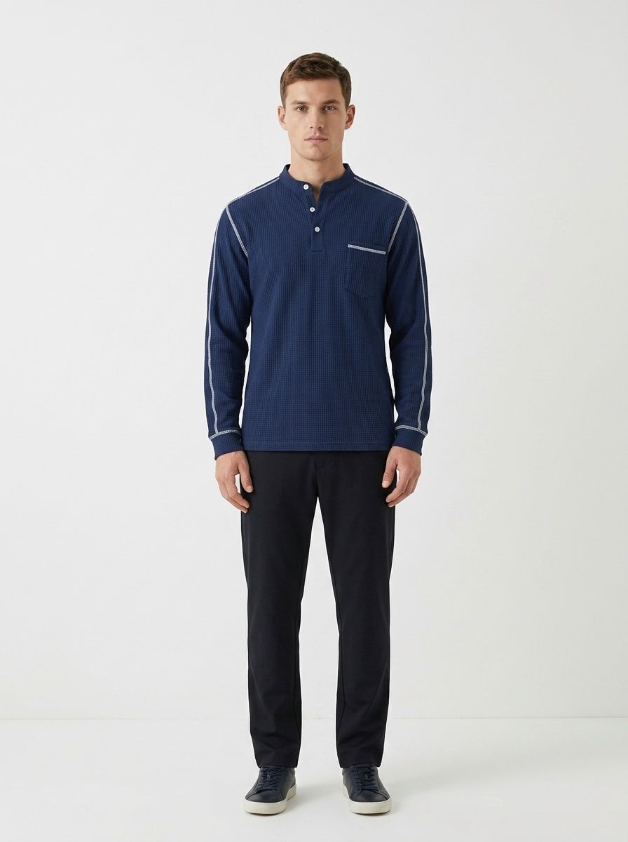 Men's Waffle Knit Henley Shirt Long Sleeve Casual Top