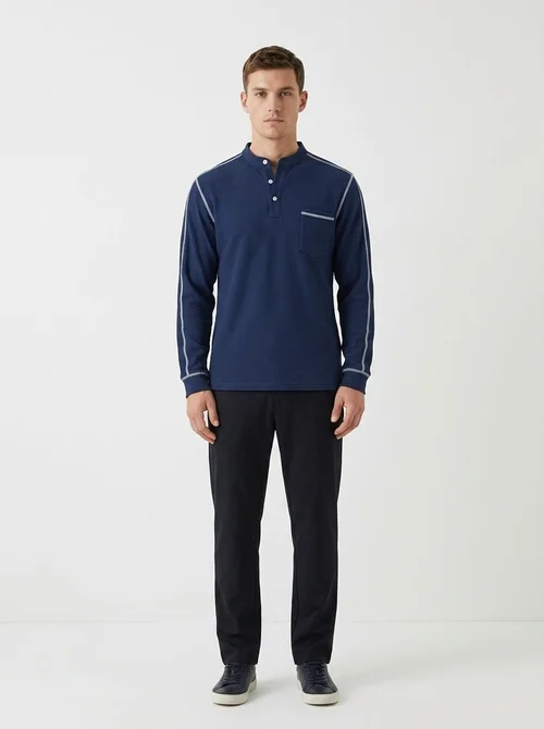 T-shirt Henley à manches longues pour homme, en maille gaufrée, style décontracté