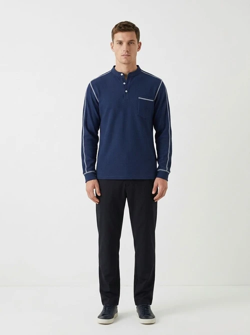 Men's Waffle Knit Henley Shirt Long Sleeve Casual Top