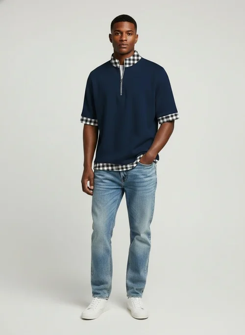 Polo à col zippé et bordure à carreaux pour homme