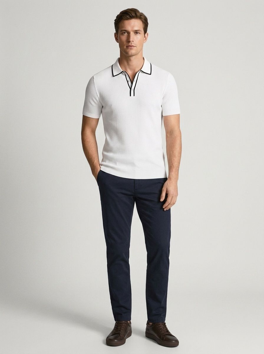 Men's Ribbed Knit Polo Shirt - Short Sleeve Casual Top