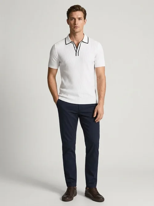 Men's Ribbed Knit Polo Shirt - Short Sleeve Casual Top