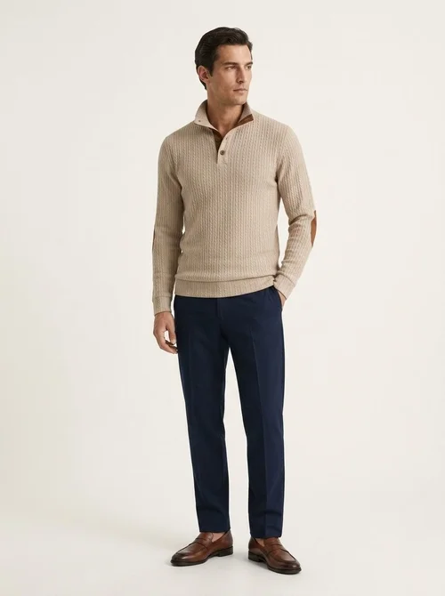 Men's Cable Knit Mock Neck Button Pullover Sweater
