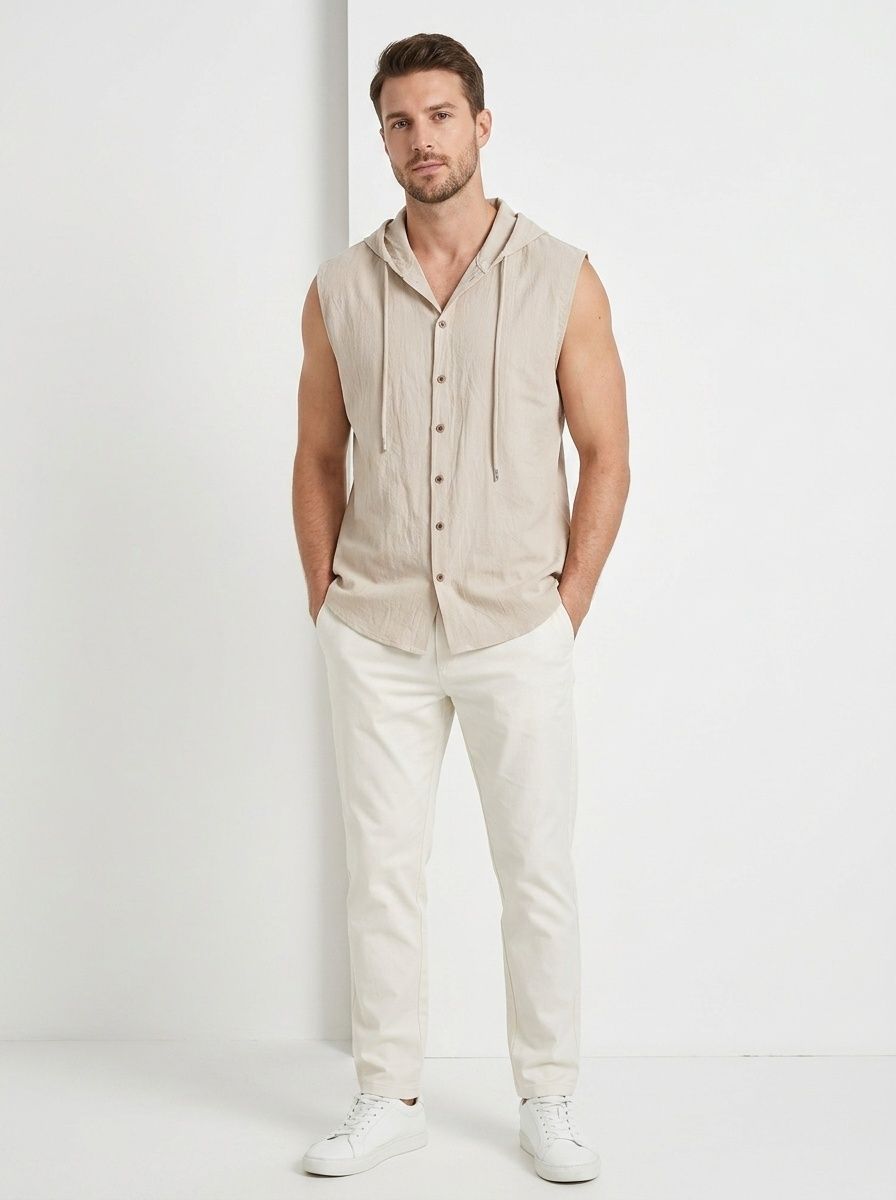 Men's Sleeveless Hooded Button Shirt - Casual Beach Top