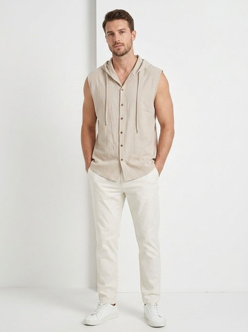 Men's Sleeveless Hooded Button Shirt - Casual Beach Top
