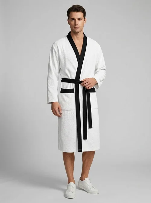 Peignoir pour homme en maille gaufrée avec bordures contrastées et poches