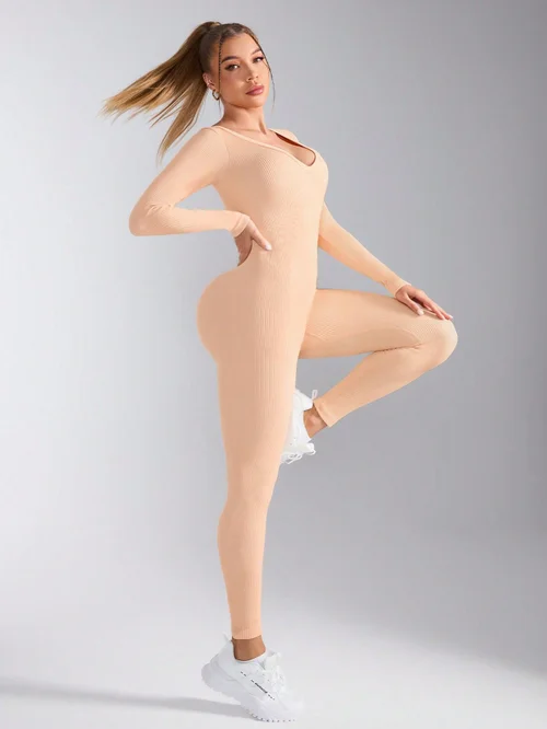 Body da yoga sexy a maniche lunghe, snellente, ad asciugatura rapida e traspirante per donna (senza imbottitura)