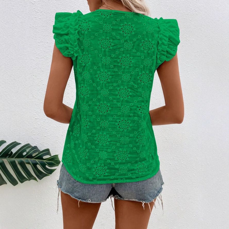 Top de manga corta con cuello en V y mangas con volantes GWC-00014
