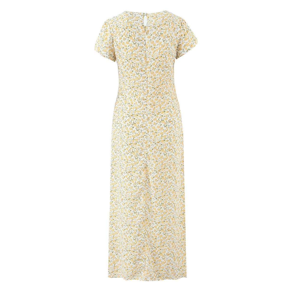 Women's Ruched Button Slit Midi Dress Flutter Sleeve KUN-00056