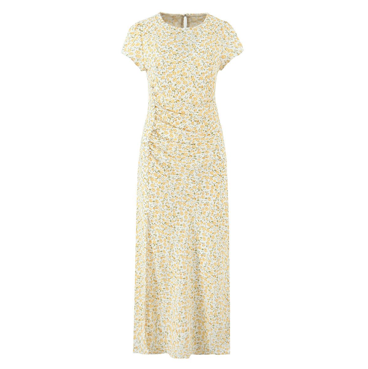 Women's Ruched Button Slit Midi Dress Flutter Sleeve KUN-00056