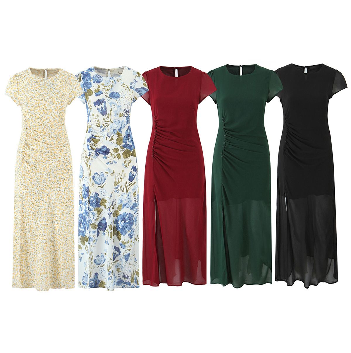 Women's Ruched Button Slit Midi Dress Flutter Sleeve KUN-00056