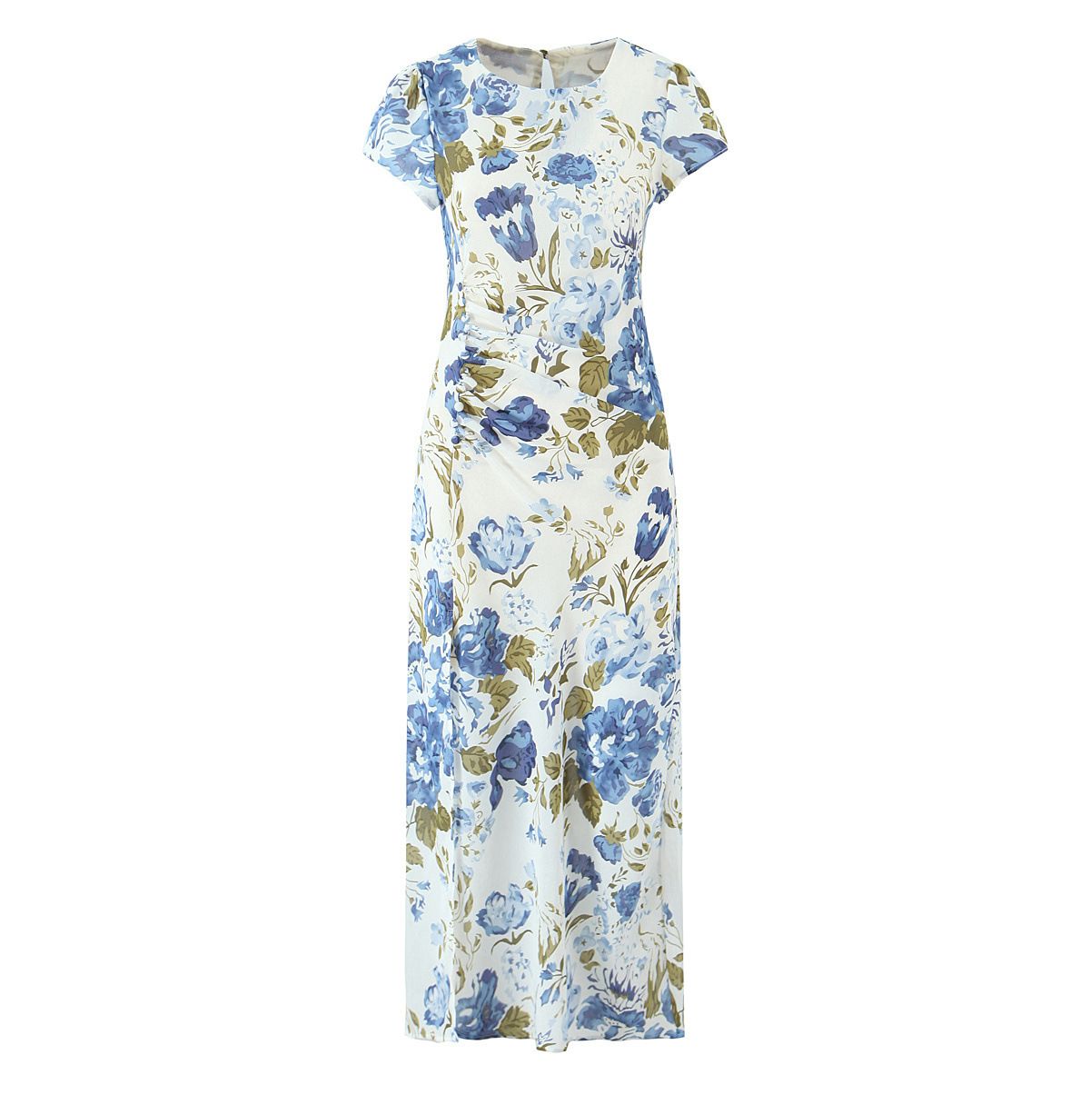 Women's Ruched Button Slit Midi Dress Flutter Sleeve KUN-00056