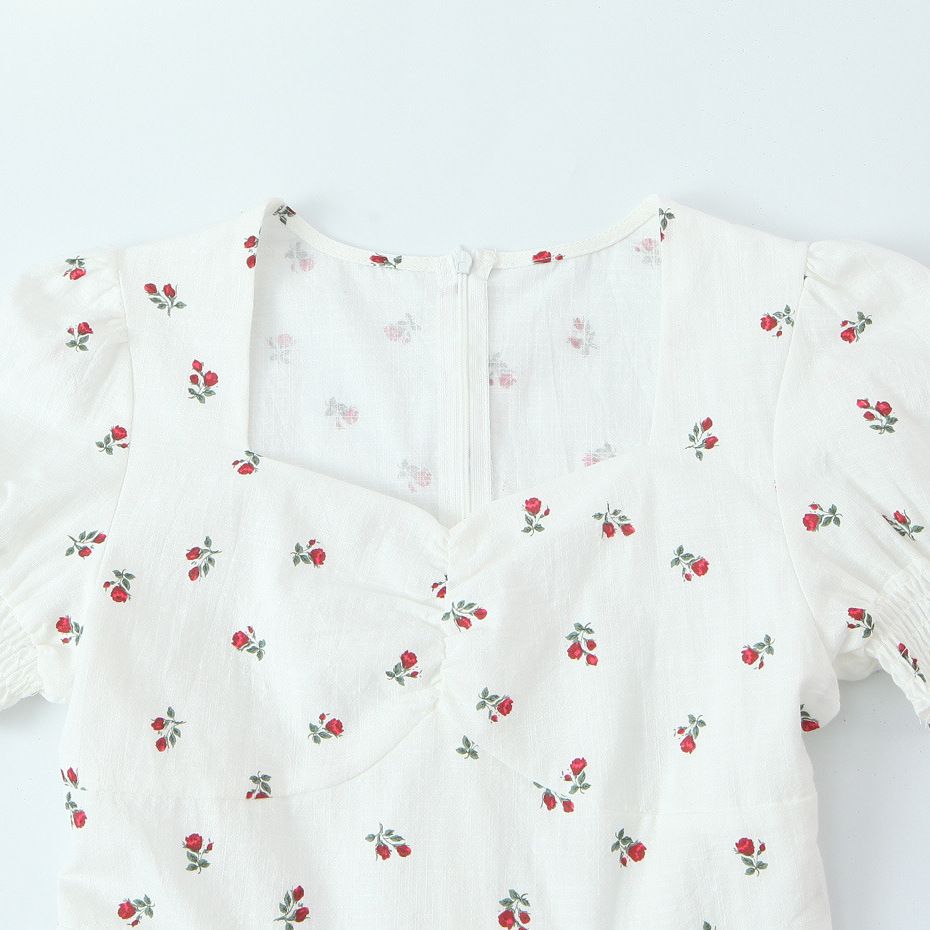 Floral Square Neck Puff Sleeve Dress Vintage Slim KUN-00112