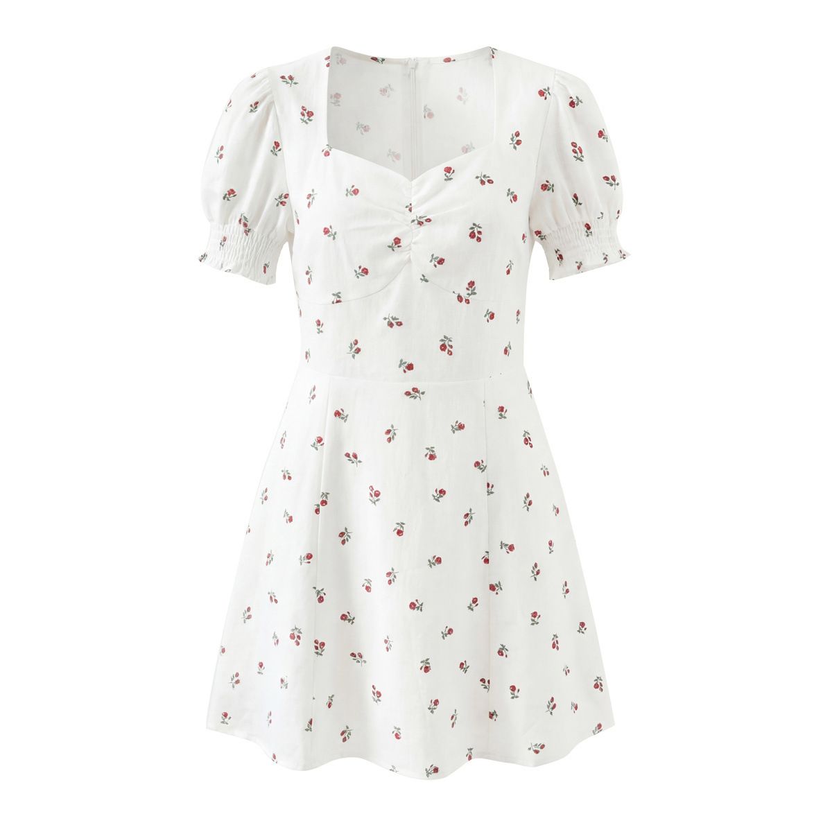 Floral Square Neck Puff Sleeve Dress Vintage Slim KUN-00112