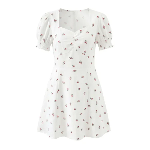Floral Square Neck Puff Sleeve Dress Vintage Slim KUN-00112