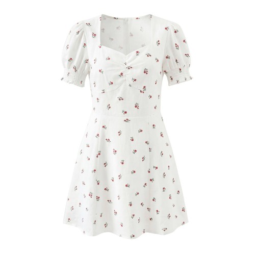 Floral Square Neck Puff Sleeve Dress Vintage Slim KUN-00112