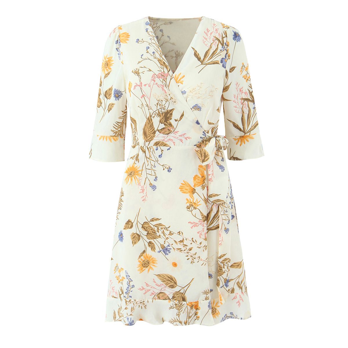 Women's Wrap Dress V-Neck Ruffle Hem 3/4 Sleeve KUN-00114