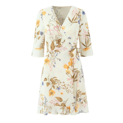 Women's Wrap Dress V-Neck Ruffle Hem 3/4 Sleeve KUN-00114