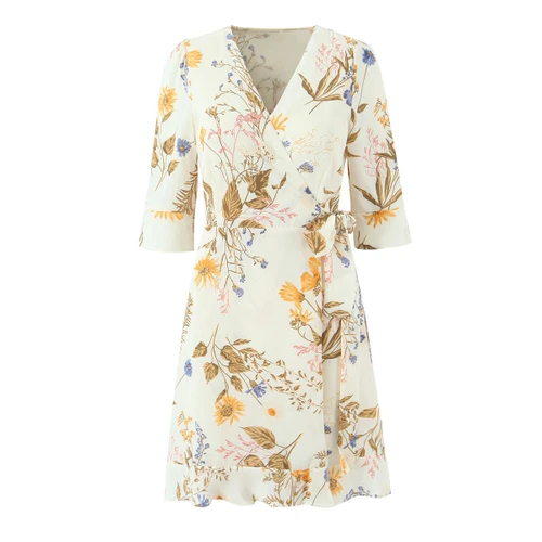 Women's Wrap Dress V-Neck Ruffle Hem 3/4 Sleeve KUN-00114