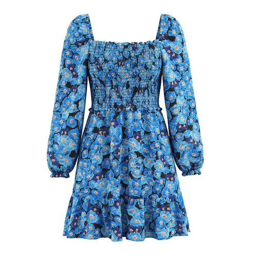 Inspired Ink Painting Dress - Ruched Puff Sleeve Stretch Midi KUN-00118