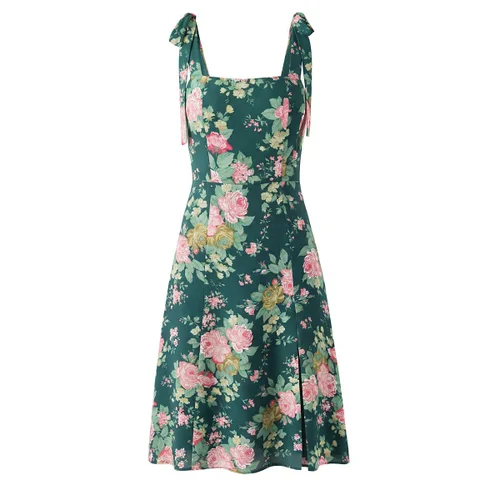 Floral Print Sundress Sexy Slit Tie Strap Dress KUN-00025