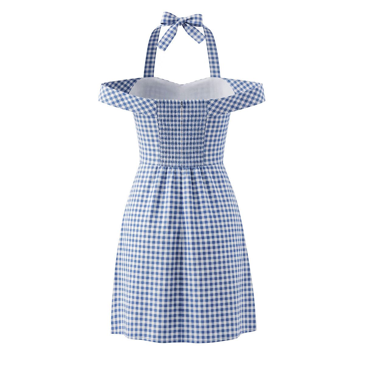 Plaid Mini Dress with Bow Tie Halter Neck KUN-00026