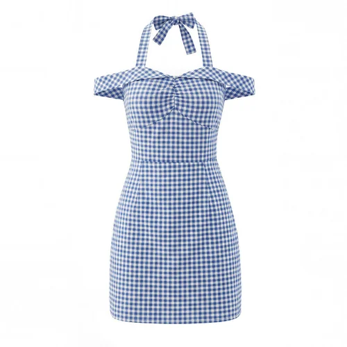 Plaid Mini Dress with Bow Tie Halter Neck KUN-00026