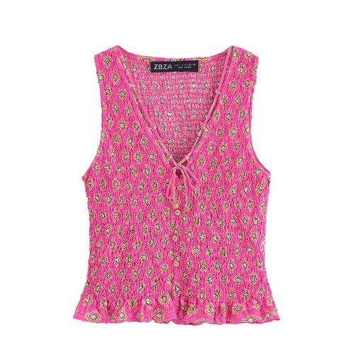 Damestop met bloemenprint, V-hals, mouwloos en midi-rok set KUN-00040