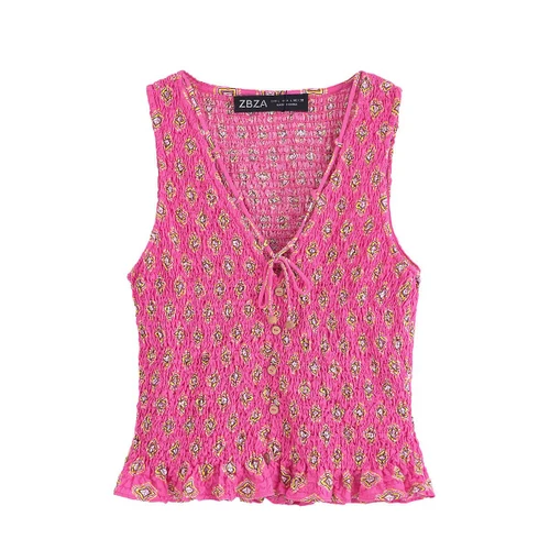 Conjunto de top sin mangas con cuello en V y falda midi con estampado floral para mujer KUN-00040
