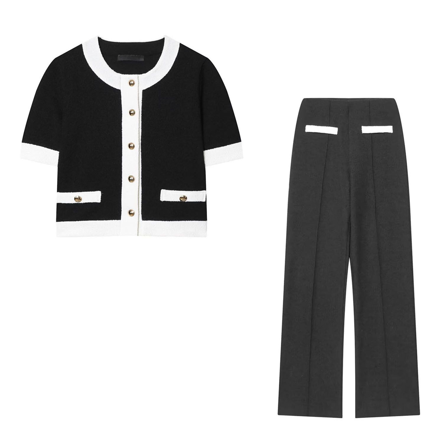 Conjunto de chaqueta corta de tweed y pantalón de cintura alta - Estilo europeo KUN-00062