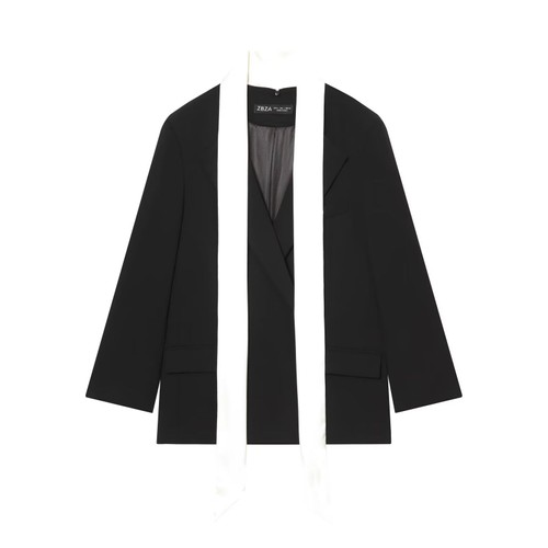 Chaqueta Blazer para Mujer con Bloques de Color y Bufanda de Manga Larga KUN-00007