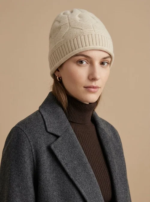 Cashmere Cable Knit Textured Cashmere Beanie Hat