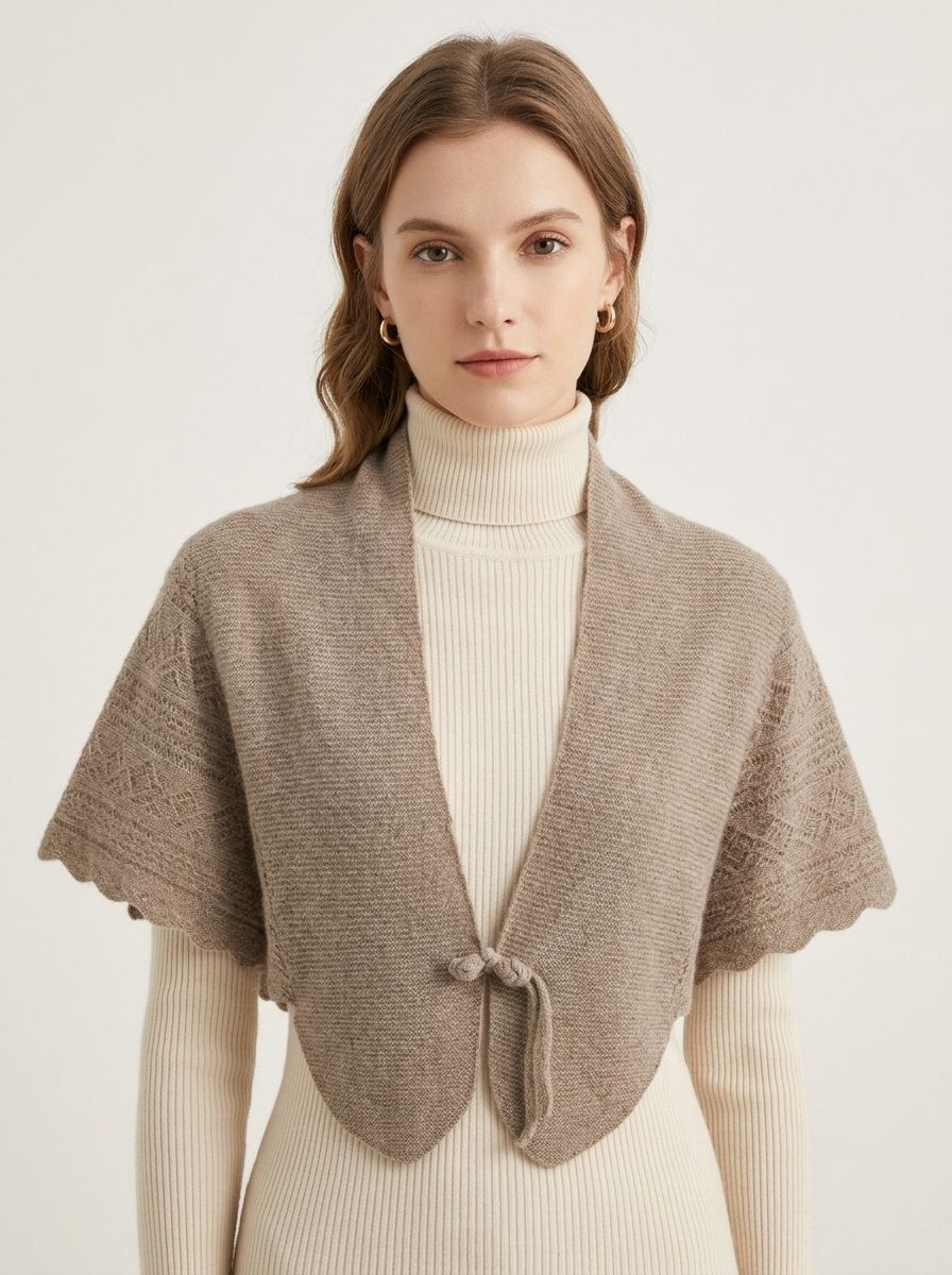 Cashmere Women's Knit Capelet Shrug Cardigan with Tie Closure
