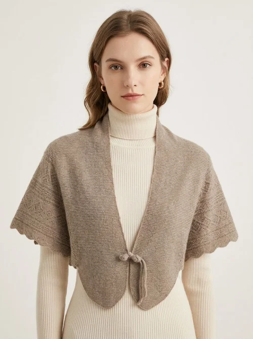 Cashmere Women's Knit Capelet Shrug Cardigan with Tie Closure