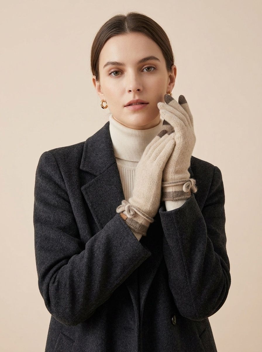 Cashmere Women's Knit Touchscreen Gloves with Bow Accent